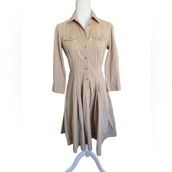 Lauren Ralph Lauren Tan Safari Utility Shirt Dress 2 Gold Logo Buttons Pleated - Picture 1 of 10